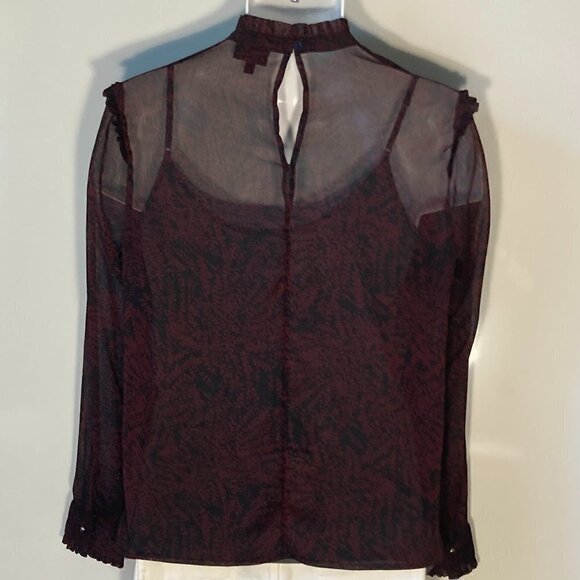 Who What Wear SZL Black sheer top wine print Smocking Whimsigoth Fairy Boho Chic - Picture 4 of 8